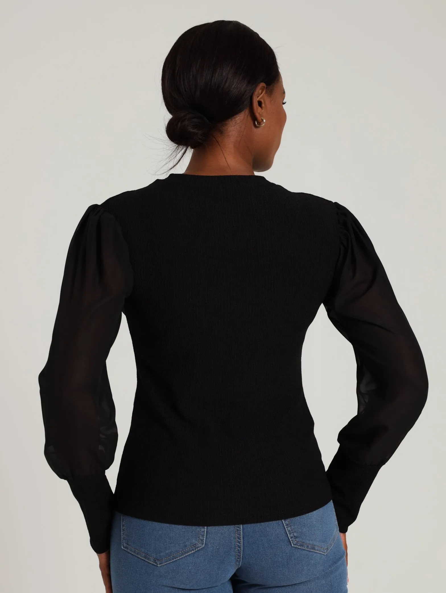 Combo Texture Sheer Blouse - Black