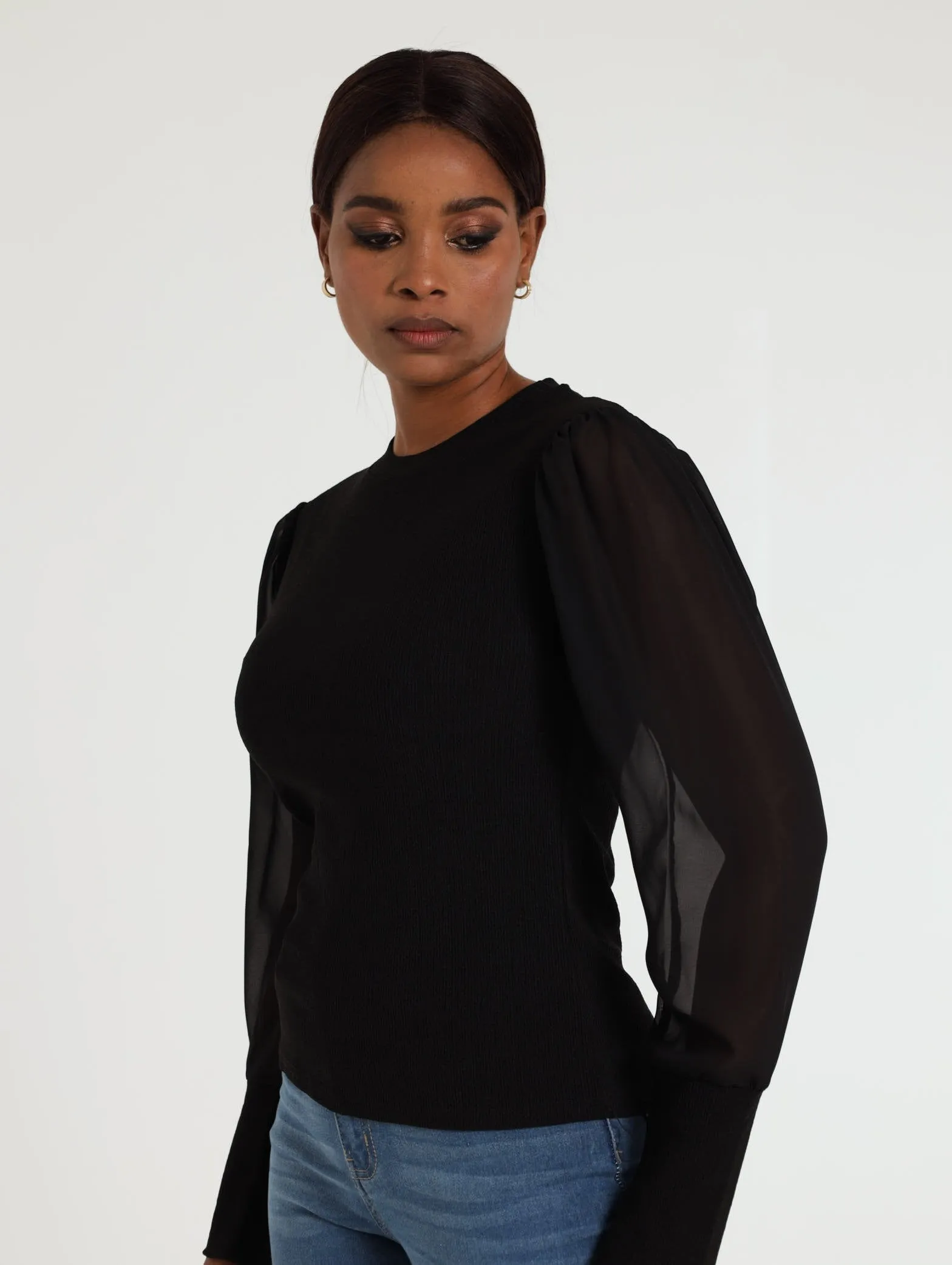 Combo Texture Sheer Blouse - Black