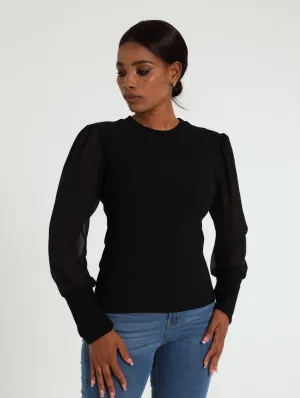 Combo Texture Sheer Blouse - Black