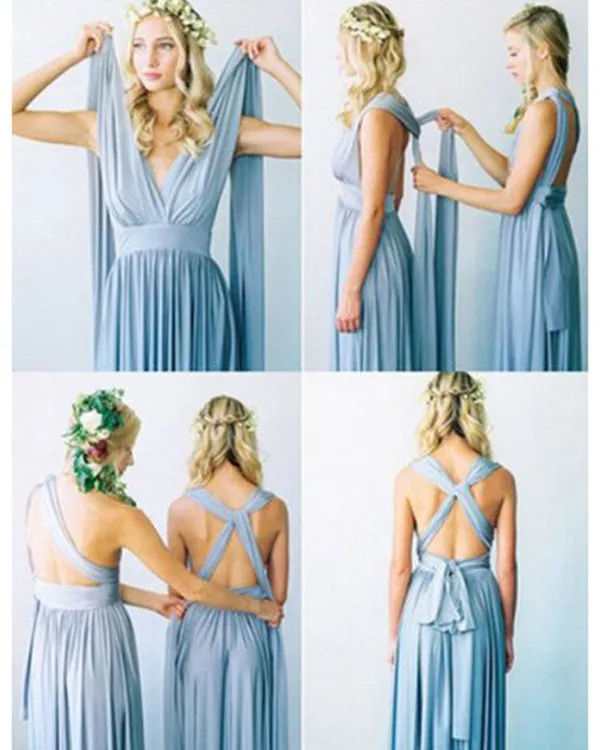 Convertible Light Blue Bridesmaid Dresses V-Neck Floor Length Simple Chiffon Pleated