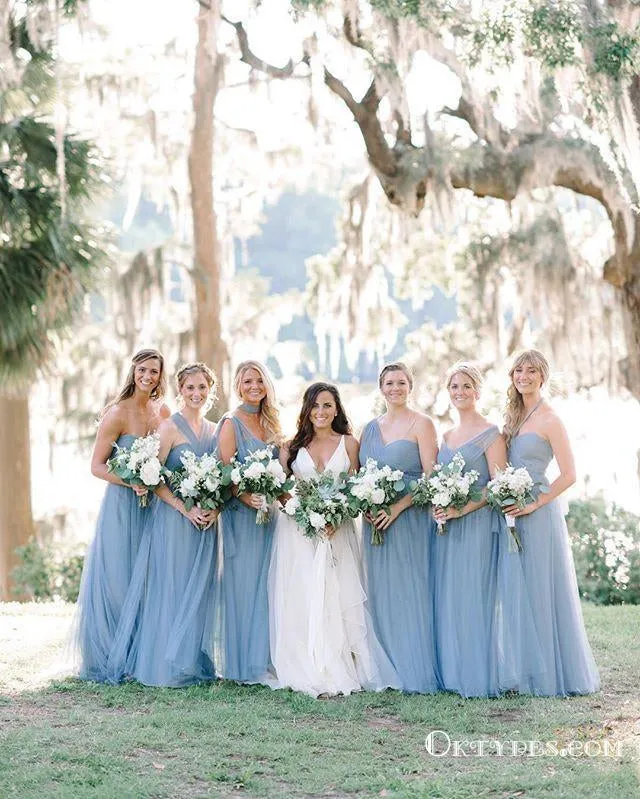 Convertible Long A-line Dusty Blue Tulle Bridesmaid Dresses, TYP1856