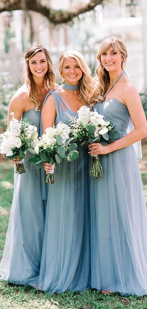 Convertible Long A-line Dusty Blue Tulle Bridesmaid Dresses, TYP1856