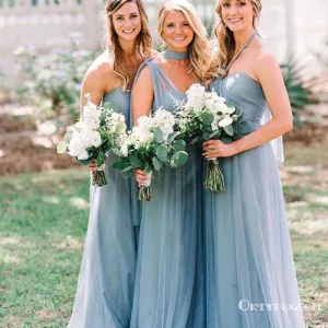 Convertible Long A-line Dusty Blue Tulle Bridesmaid Dresses, TYP1856