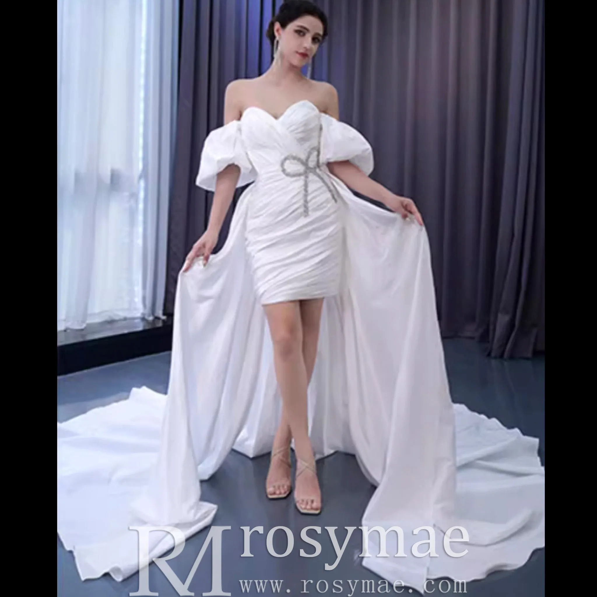 Convertible Short Above Knee Wedding Dress with Detachable Train