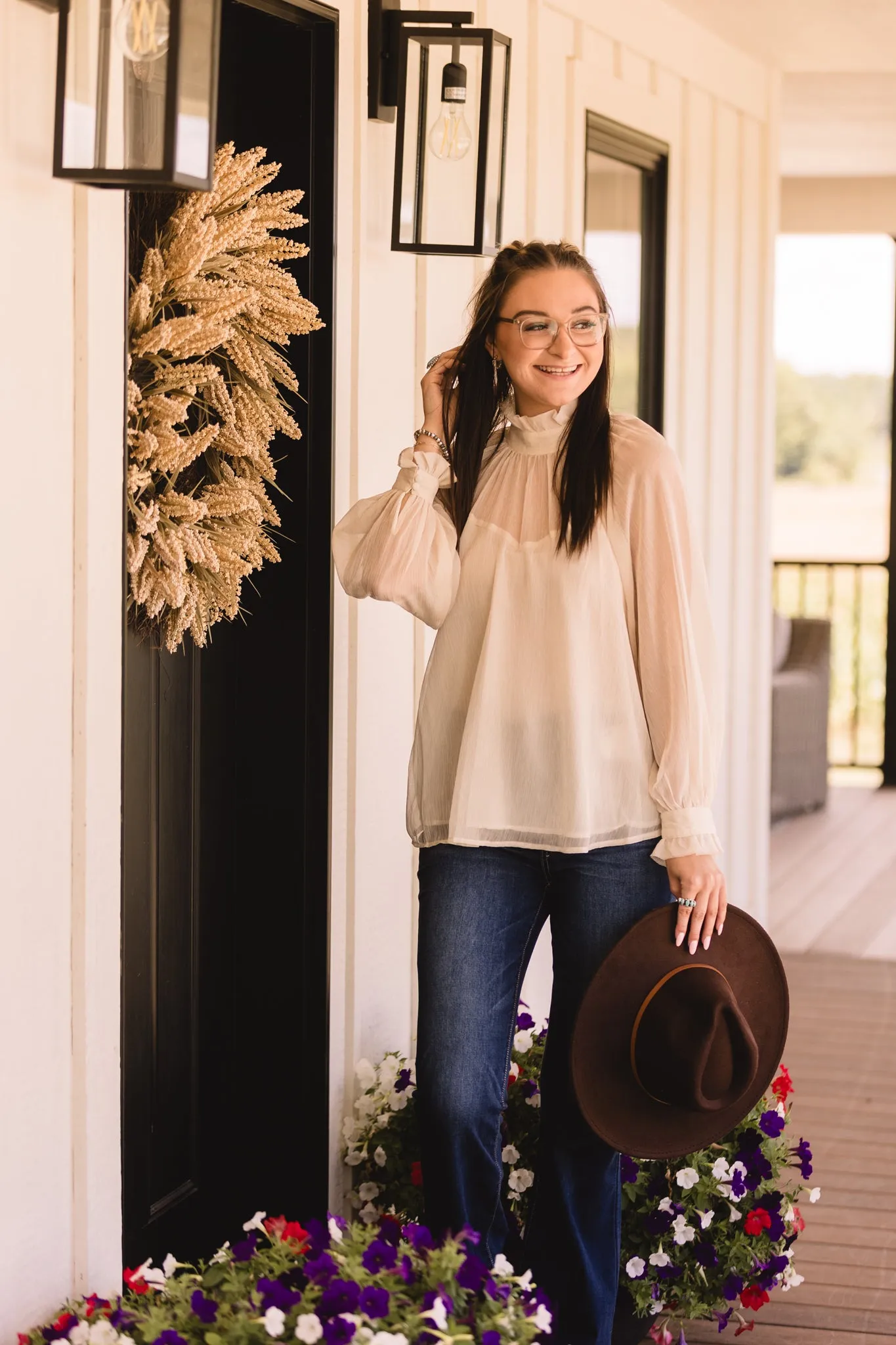 Cream Sheer High Ruffle Neck Blouse