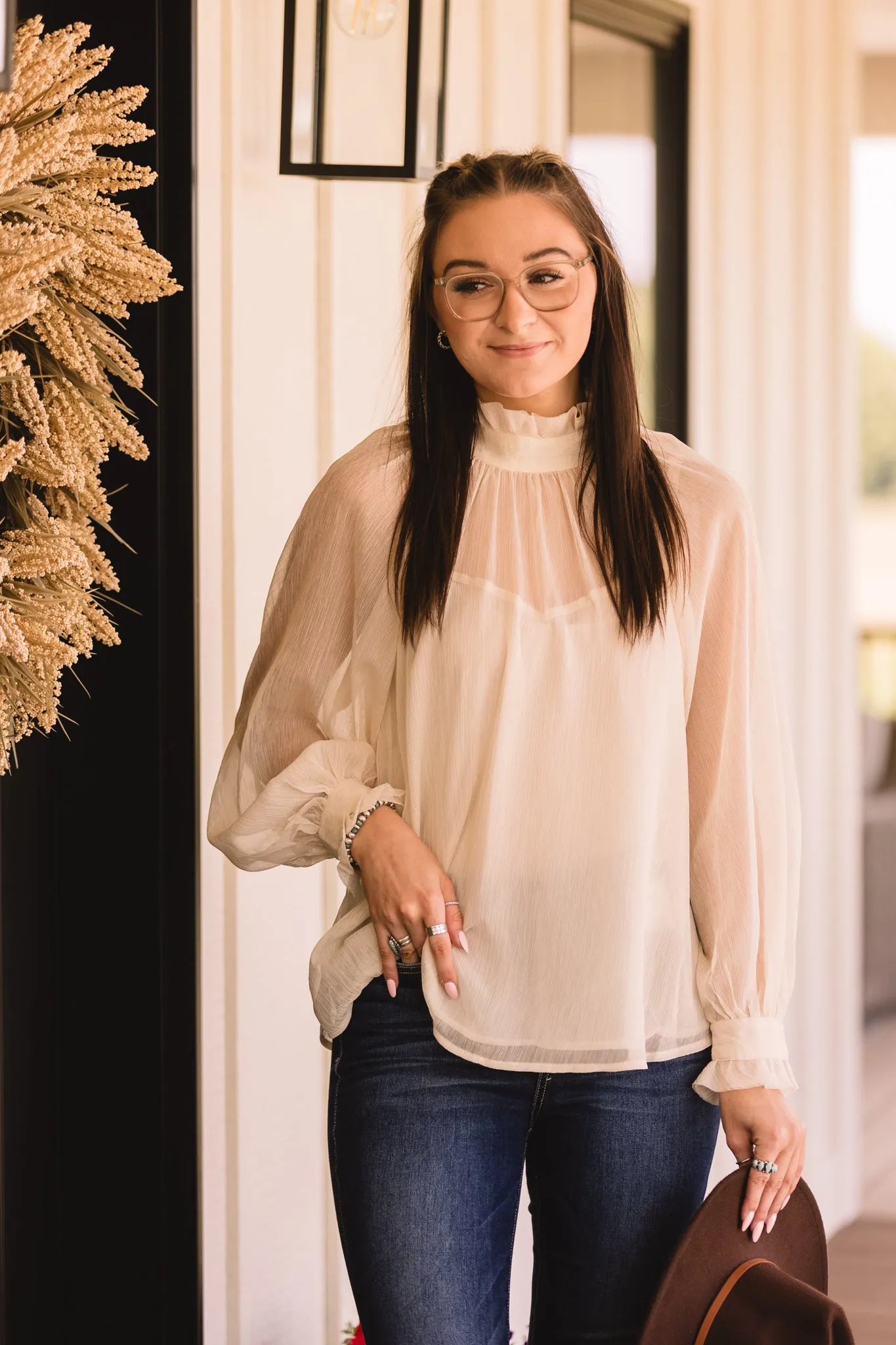 Cream Sheer High Ruffle Neck Blouse
