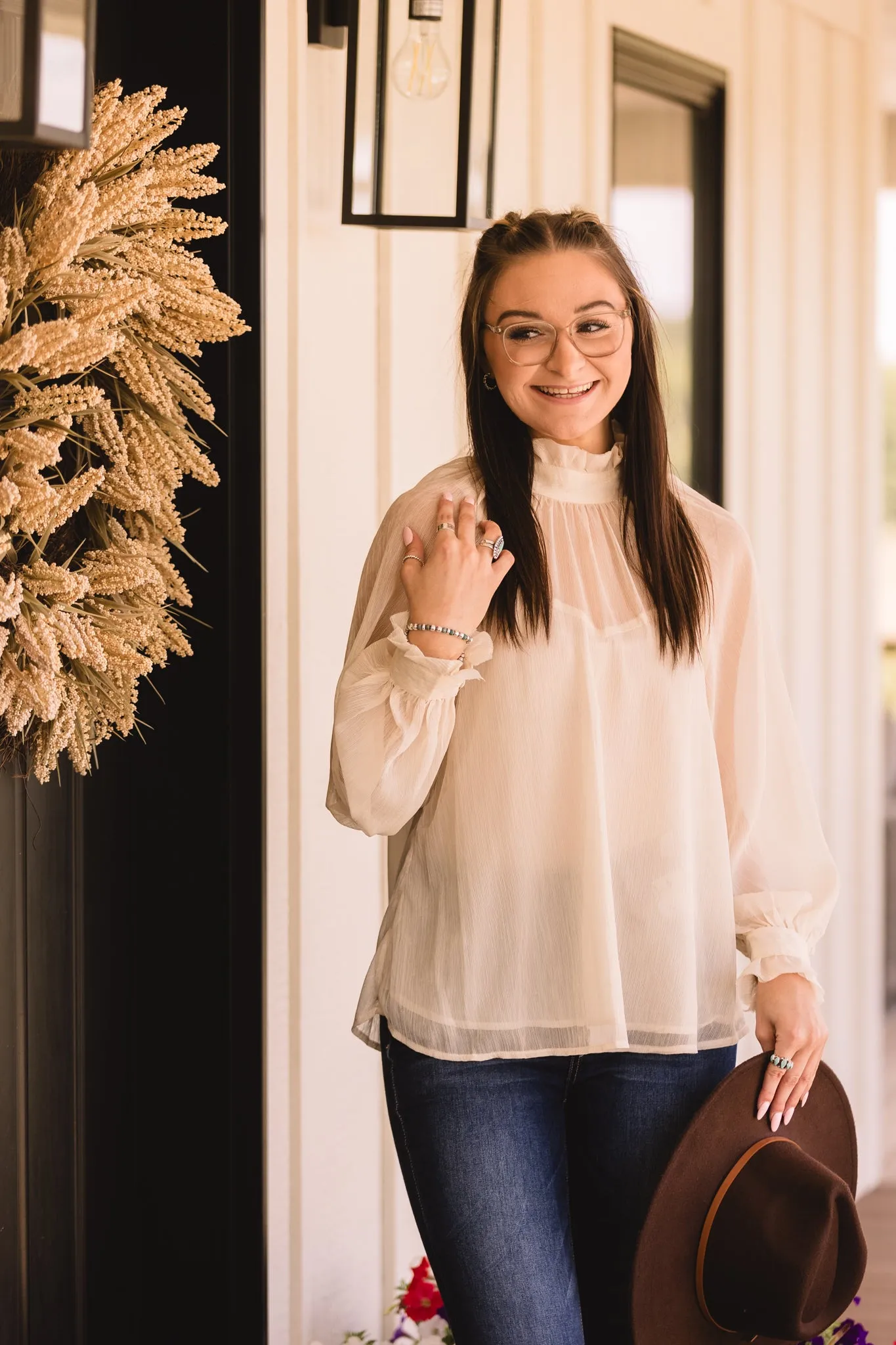Cream Sheer High Ruffle Neck Blouse