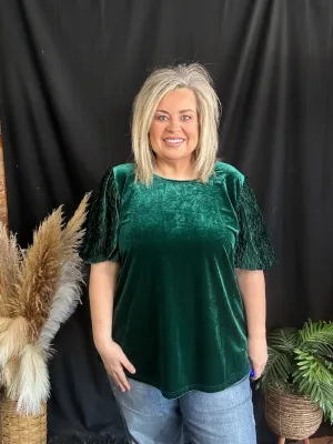 Curvy Green Puff Sleeve Velvet Top