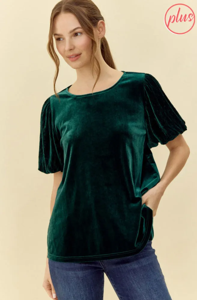 Curvy Green Puff Sleeve Velvet Top