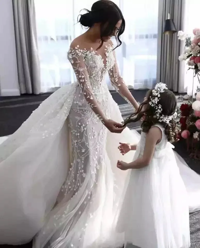 Customized African Mermaid Wedding Dresses With Detachable Train Sexy Deep V-neck Vestidos De Novia Appliques Vestido De Noiva