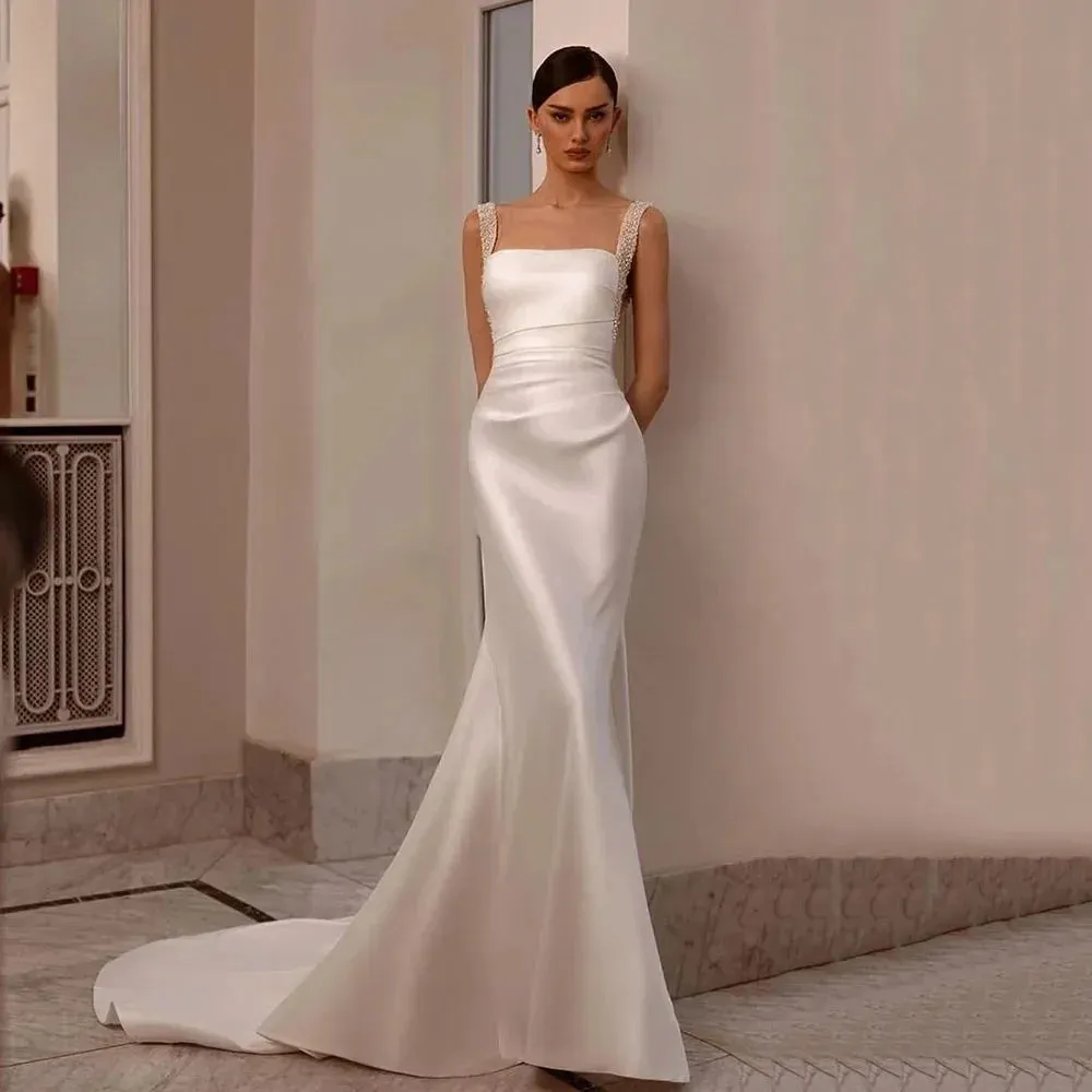 Customized Elegant Satin Mermaid Wedding Dresses With Detachable Train Glitter Straps Bridal Gowns Graceful vestidos de novia