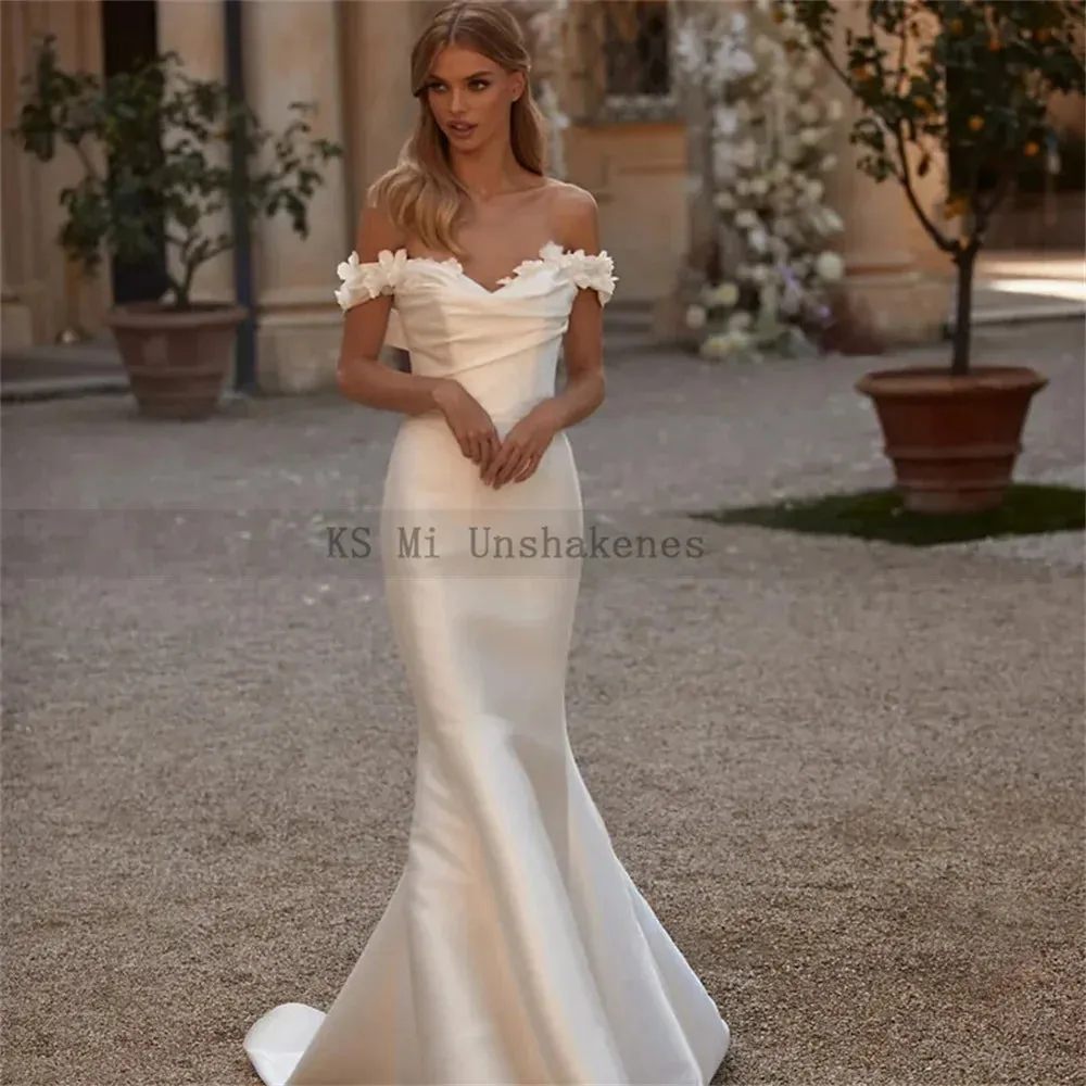 Customized Ivory Mermaid Wedding Dresses Detachable Train Off Shoulder 3D Flowers Bride Dress Satin Overskirt Wedding Gowns