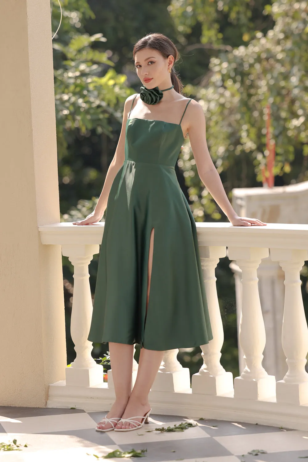 CYNTHIA Strappy Slit Midi Dress with Flower Neck Piece (Dark Emerald Silk Crepe)