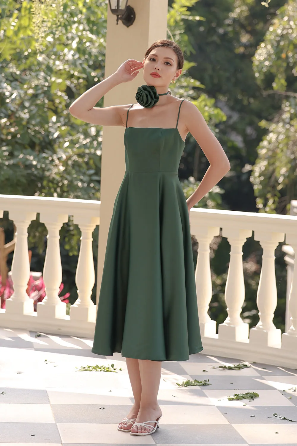 CYNTHIA Strappy Slit Midi Dress with Flower Neck Piece (Dark Emerald Silk Crepe)