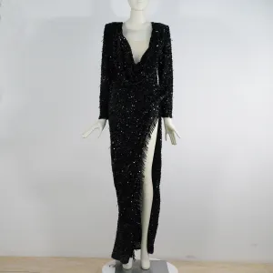 Deep V-Neck Long Sleeve Shine Sequins Split Skirt Dress