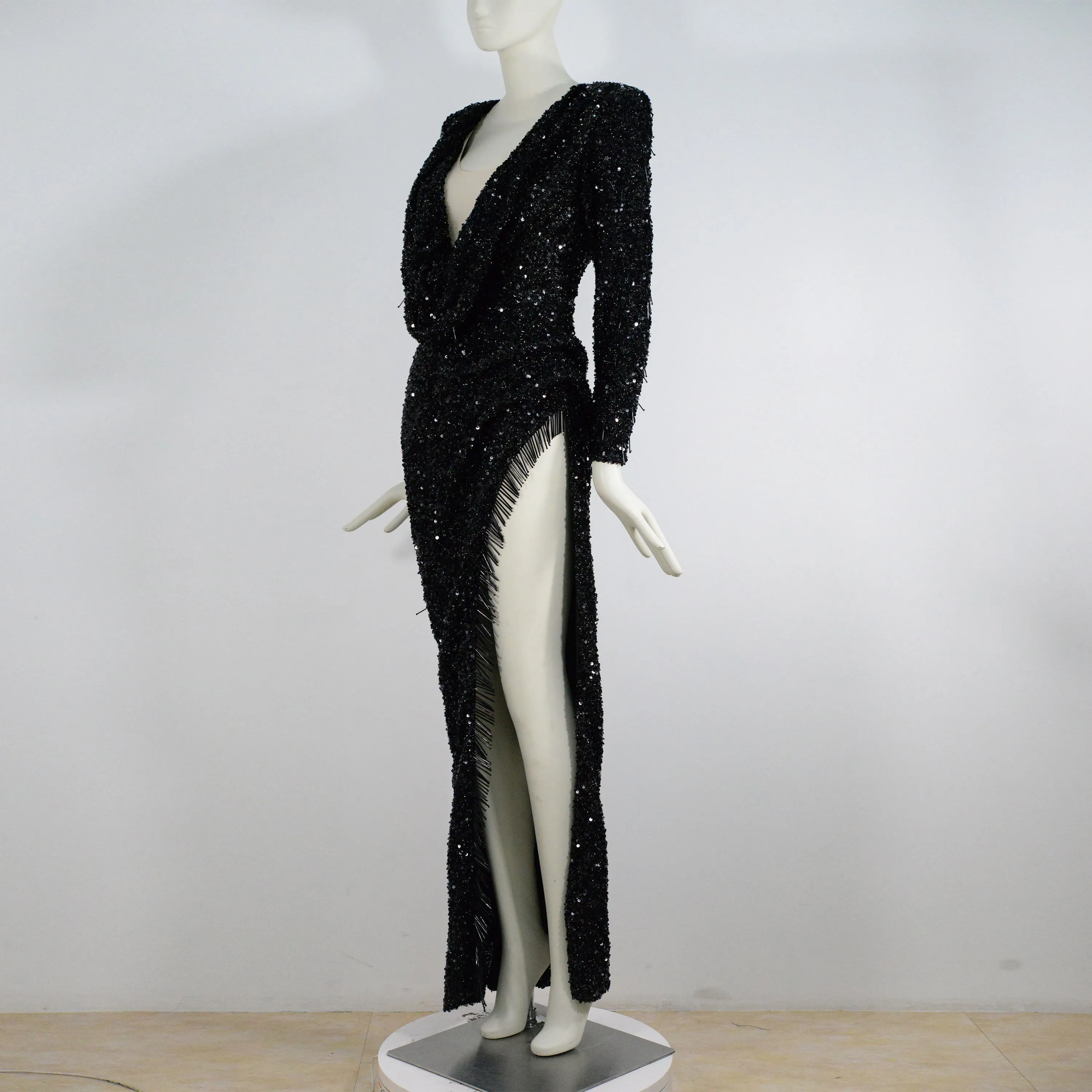 Deep V-Neck Long Sleeve Shine Sequins Split Skirt Dress