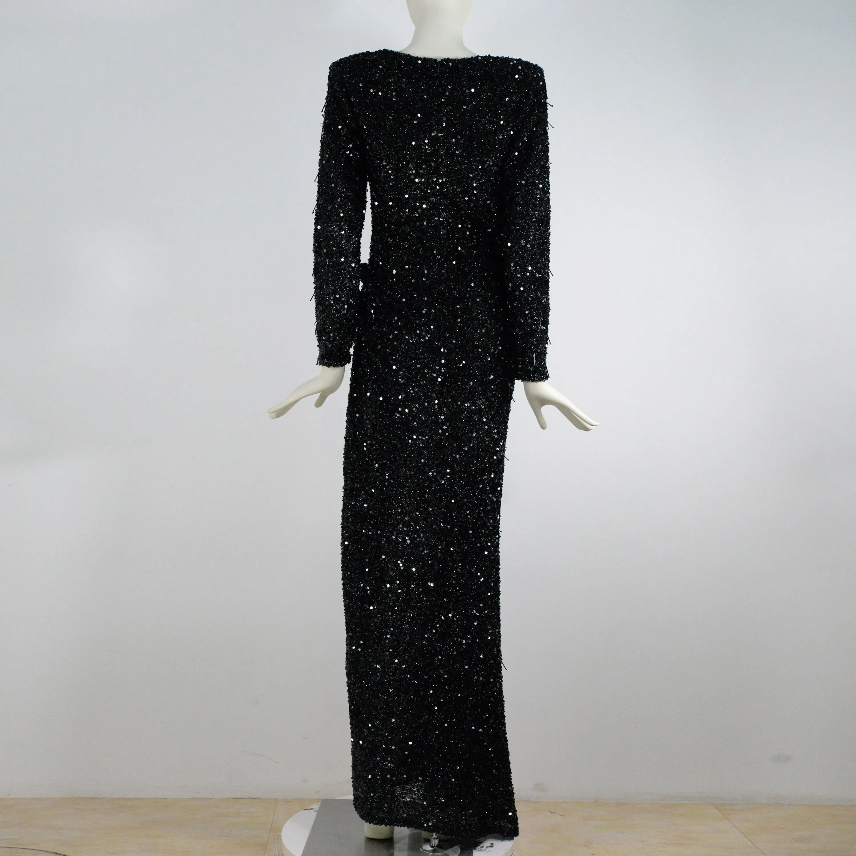 Deep V-Neck Long Sleeve Shine Sequins Split Skirt Dress
