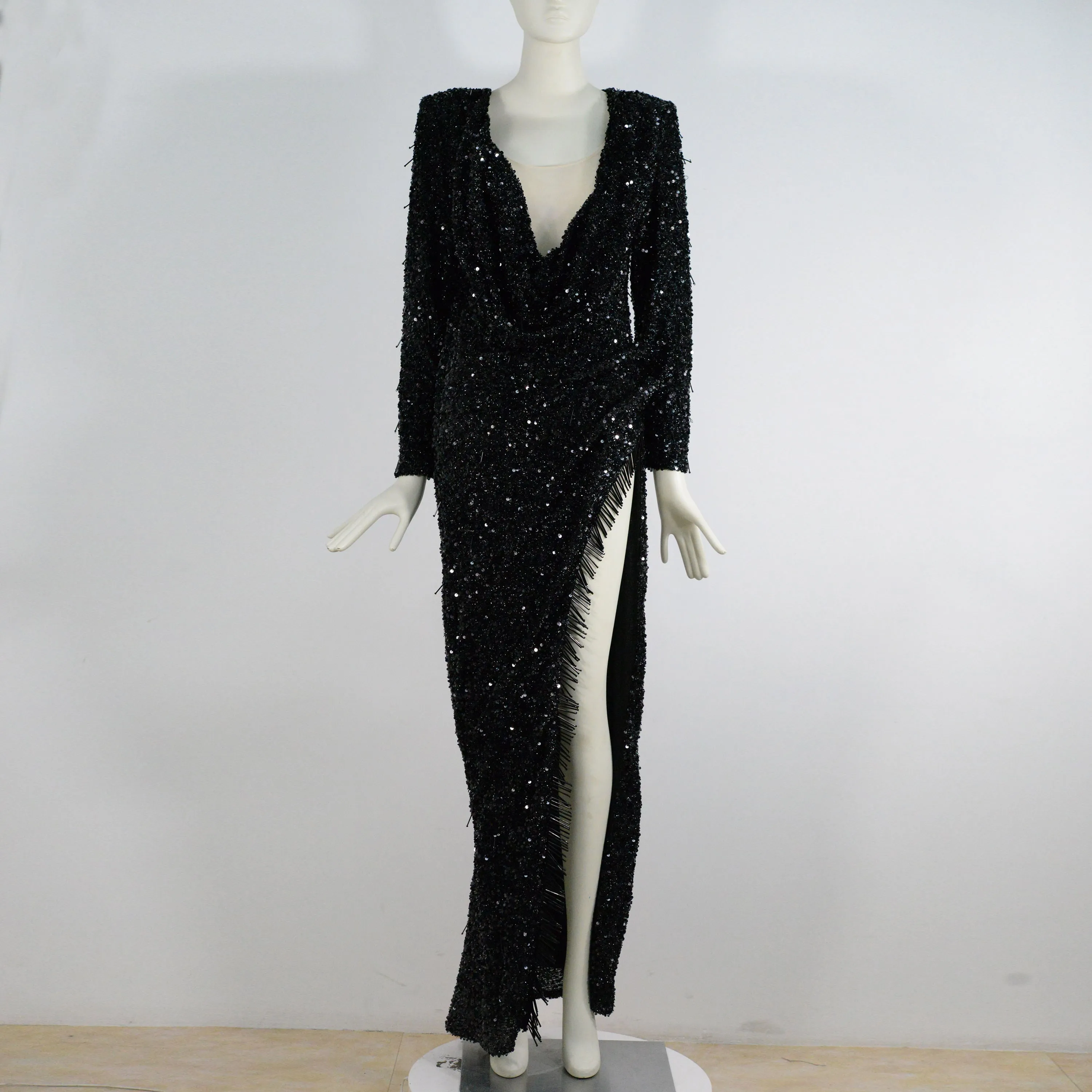 Deep V-Neck Long Sleeve Shine Sequins Split Skirt Dress