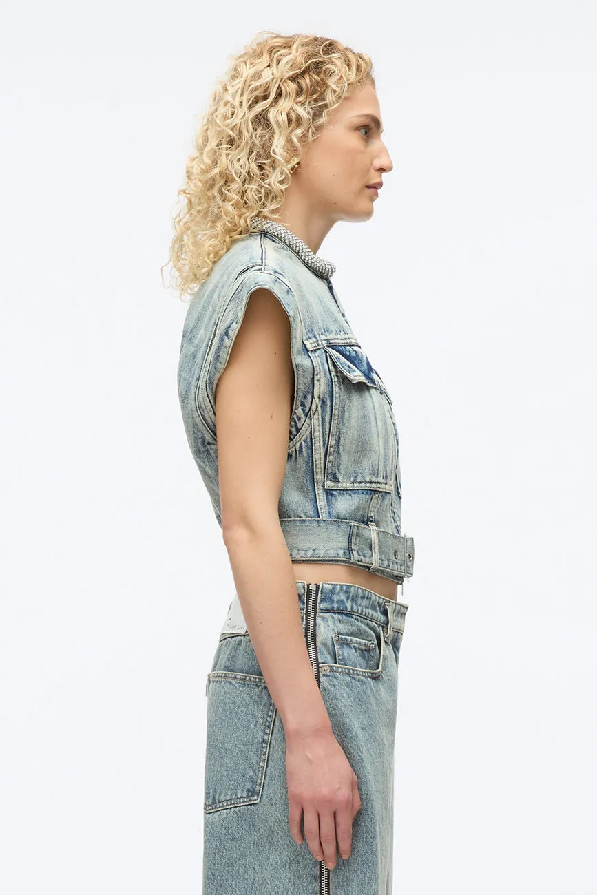 DENIM VEST WITH CRYSTAL NECKLACE
