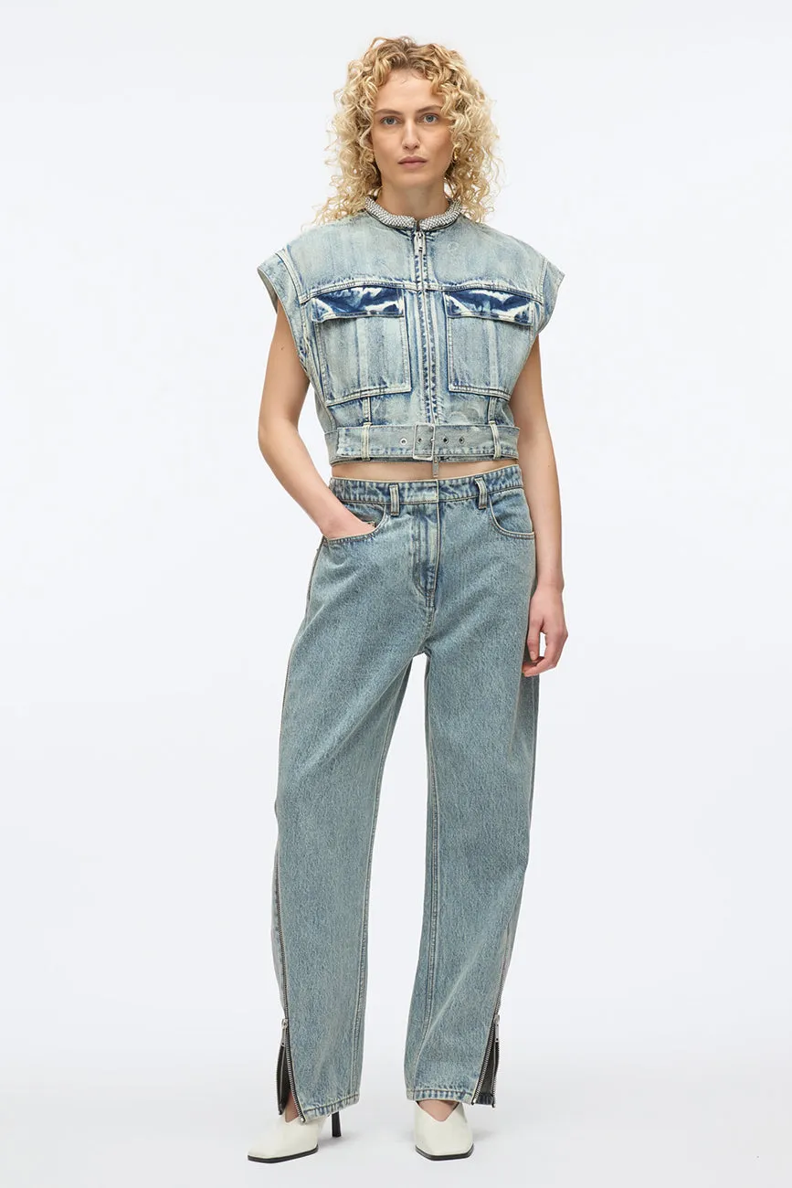 DENIM VEST WITH CRYSTAL NECKLACE