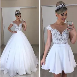 detachable skirt white wedding dresses for bride lace applique beaded elegant wedding gown