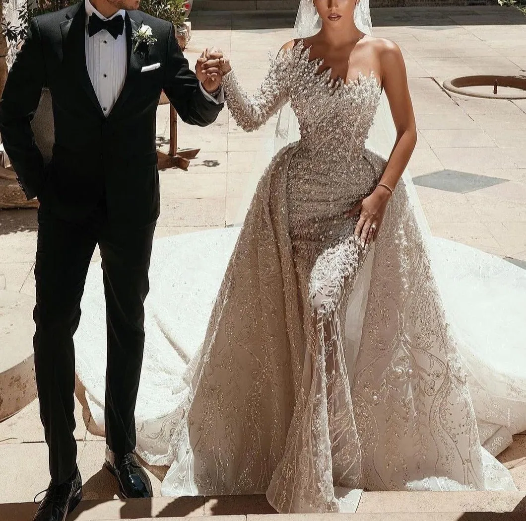 Detachable Train Lace Beading Trumpet Bridal Dress
