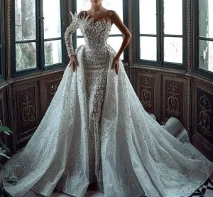 Detachable Train Lace Beading Trumpet Bridal Dress