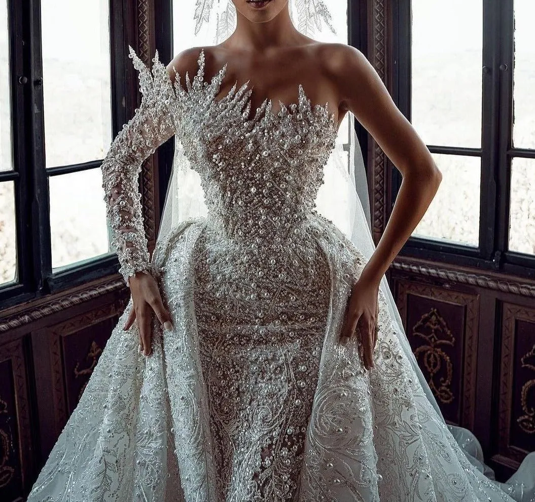 Detachable Train Lace Beading Trumpet Bridal Dress