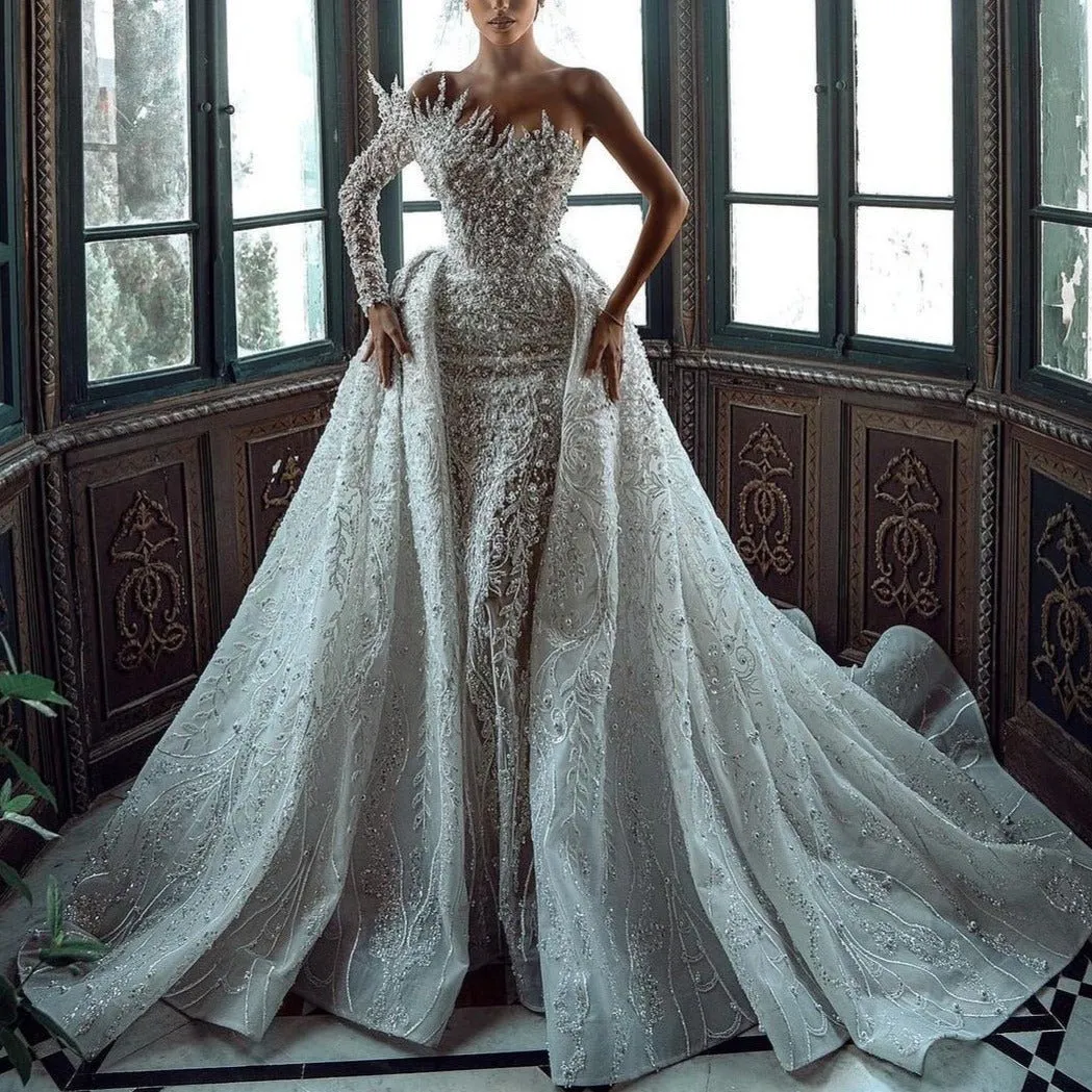 Detachable Train Lace Beading Trumpet Bridal Dress