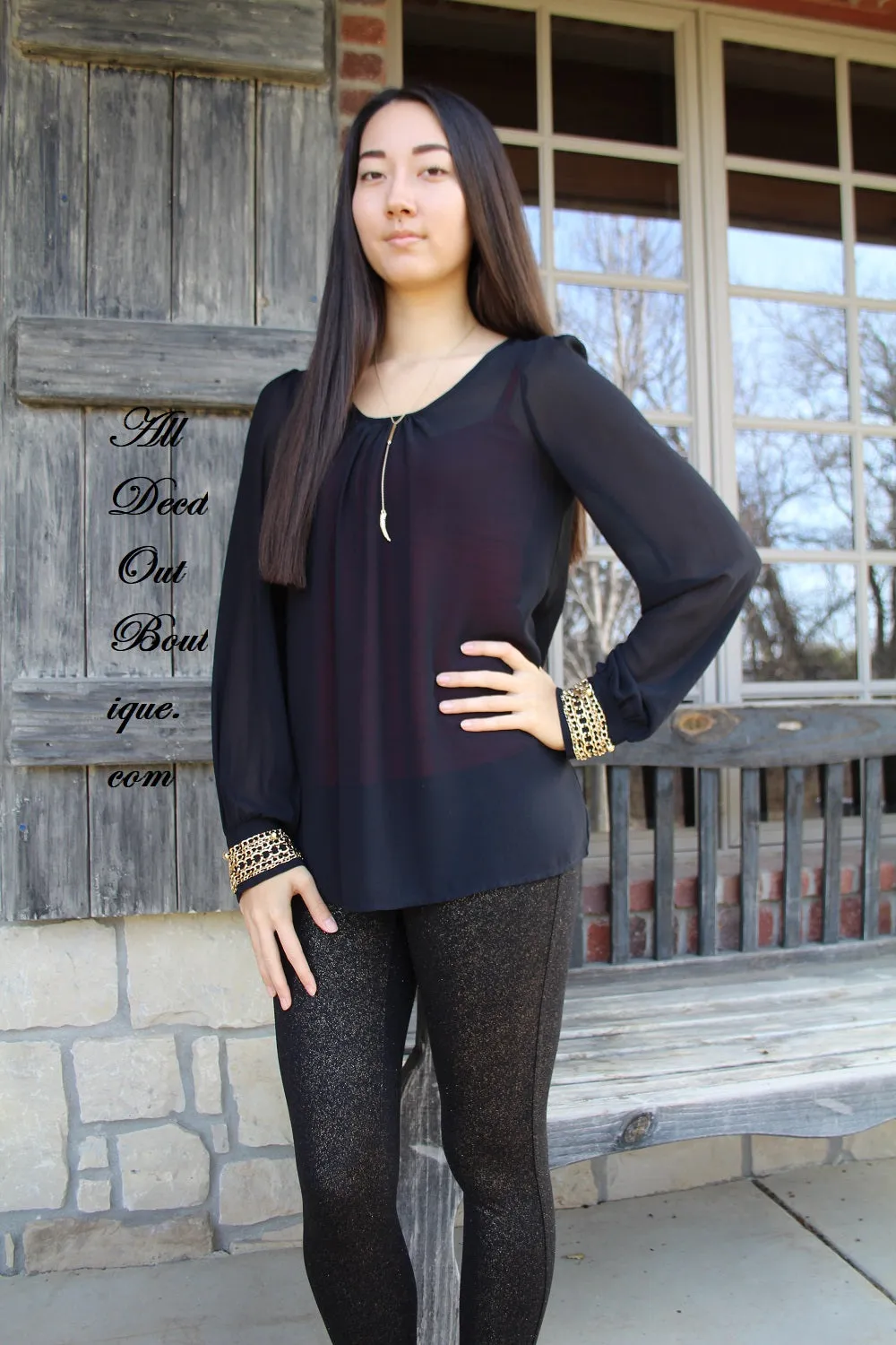 Double Zero | Black Sheer Top with Gold Chain Cuffs