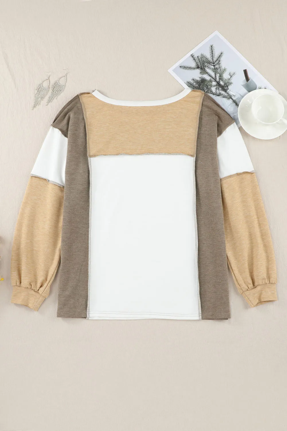 Drew Exposed Seam Contrast Round Neck Long Sleeve Top