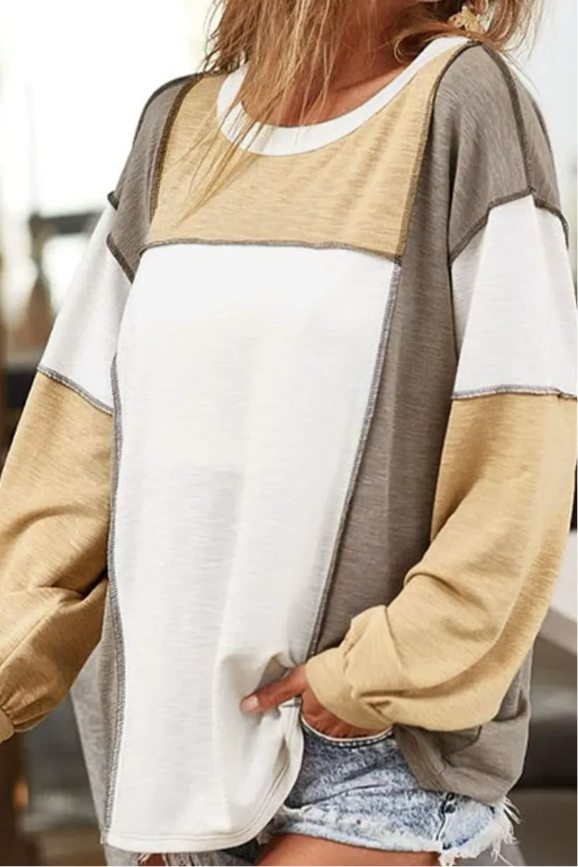 Drew Exposed Seam Contrast Round Neck Long Sleeve Top