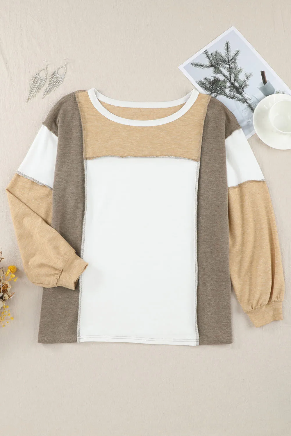 Drew Exposed Seam Contrast Round Neck Long Sleeve Top