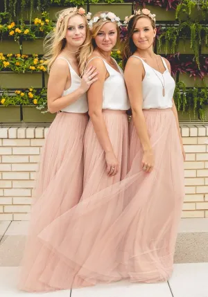 dusty pink bridesmaid dresses long tulle v neck cheap western style wedding guest dresses robe de soiree