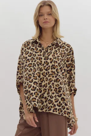 Ecru Cheetah Print Button Down Top