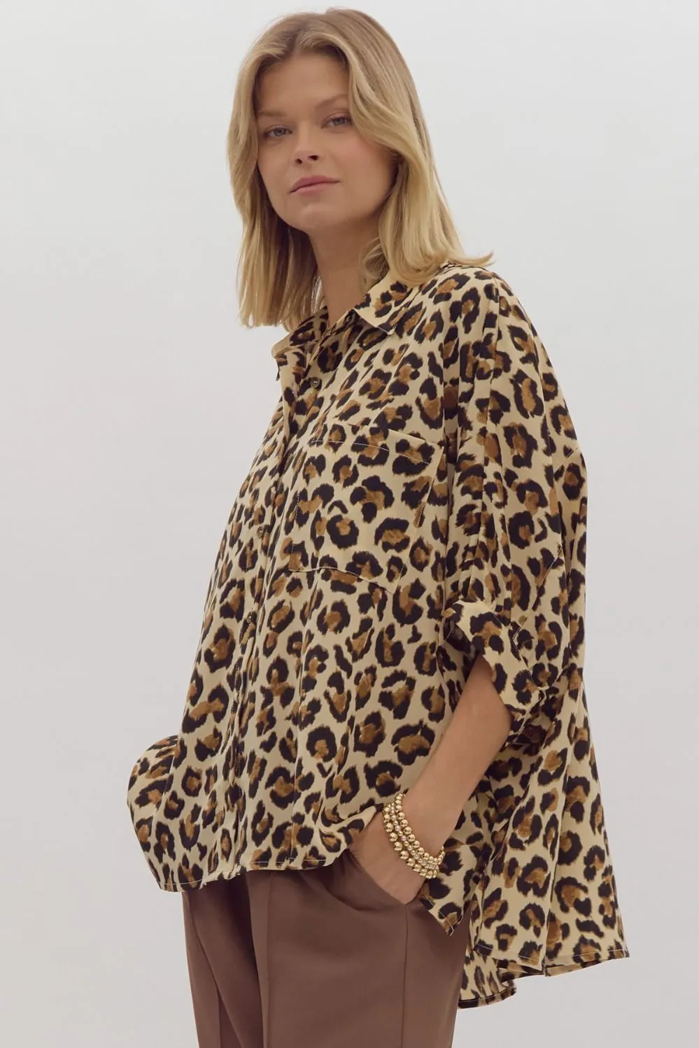 Ecru Cheetah Print Button Down Top