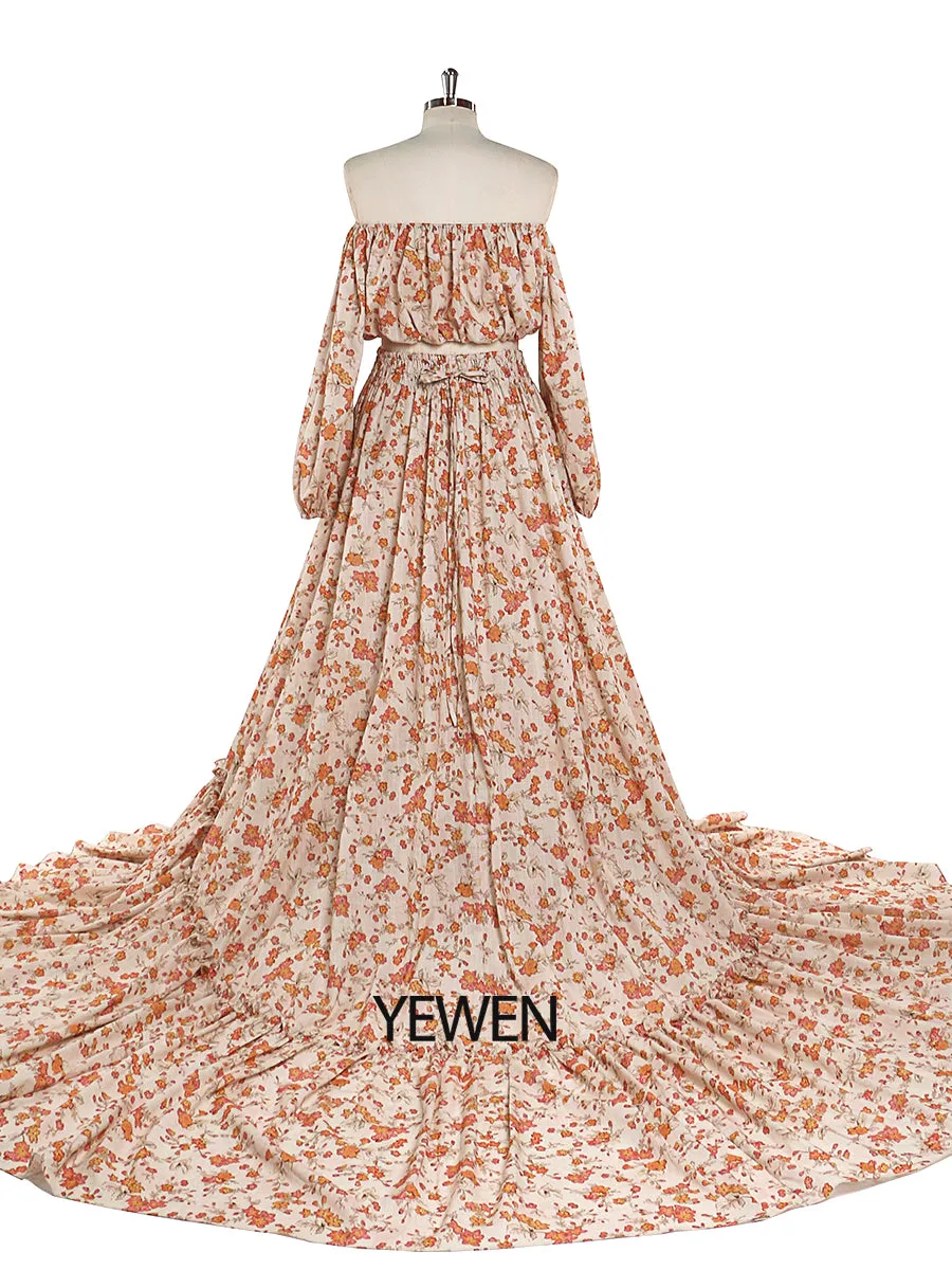 Elegant 2 Piece Set Floral Print Cotton Fabric Woman Maxi Dresses Photography Props YD21812-1