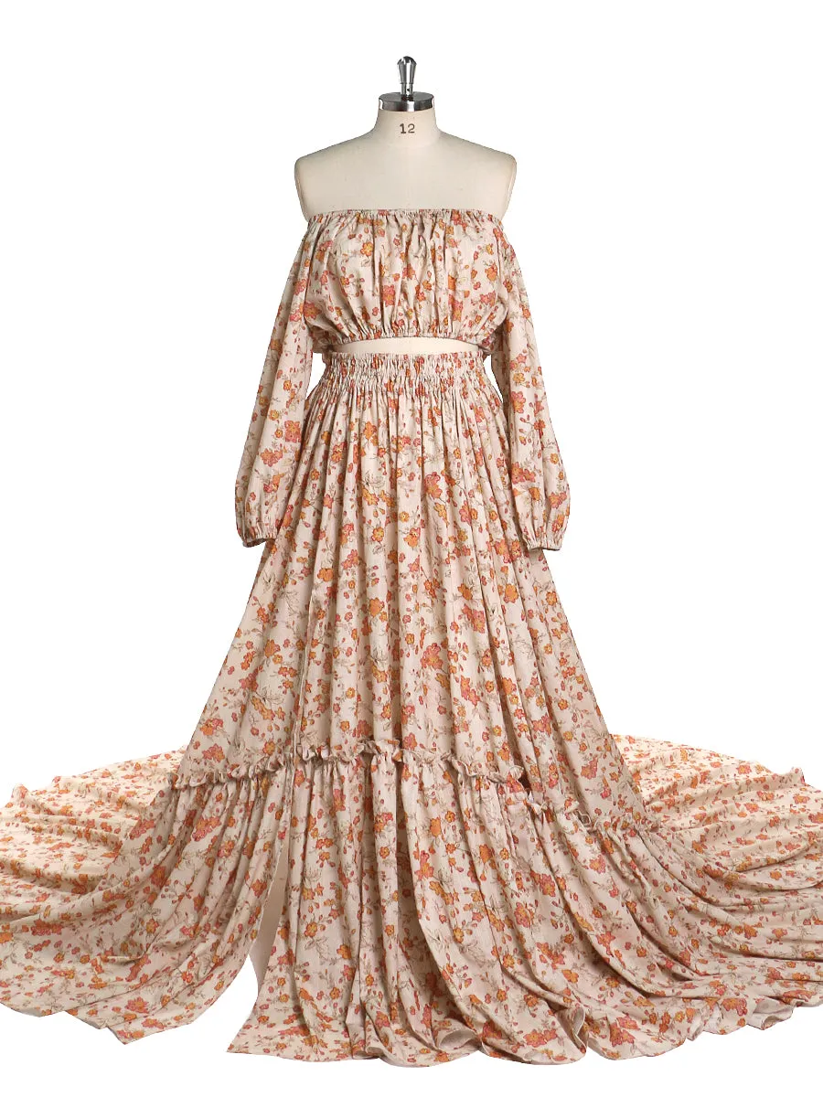Elegant 2 Piece Set Floral Print Cotton Fabric Woman Maxi Dresses Photography Props YD21812-1
