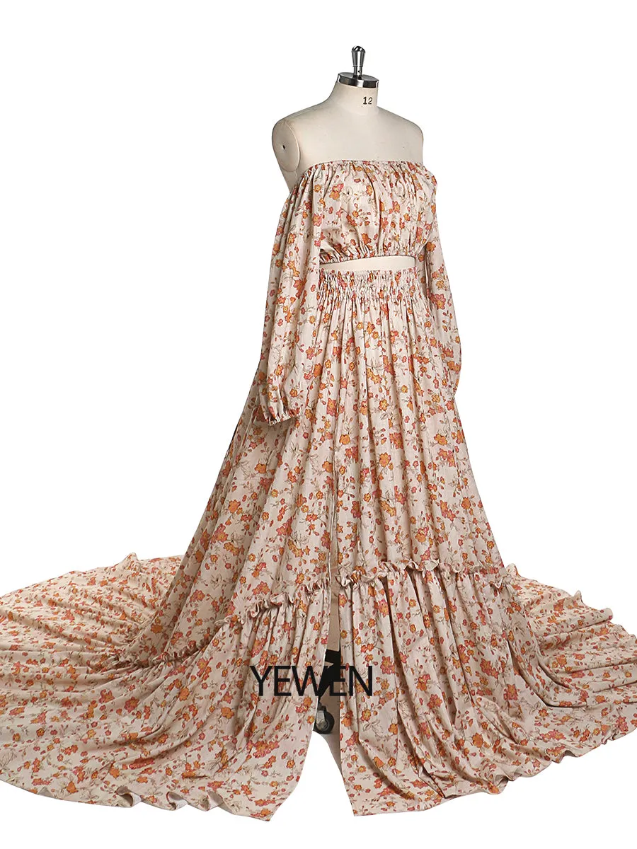 Elegant 2 Piece Set Floral Print Cotton Fabric Woman Maxi Dresses Photography Props YD21812-1