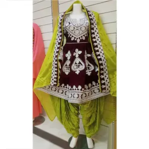 Elegant Afghan Dress – Dark Red & Green