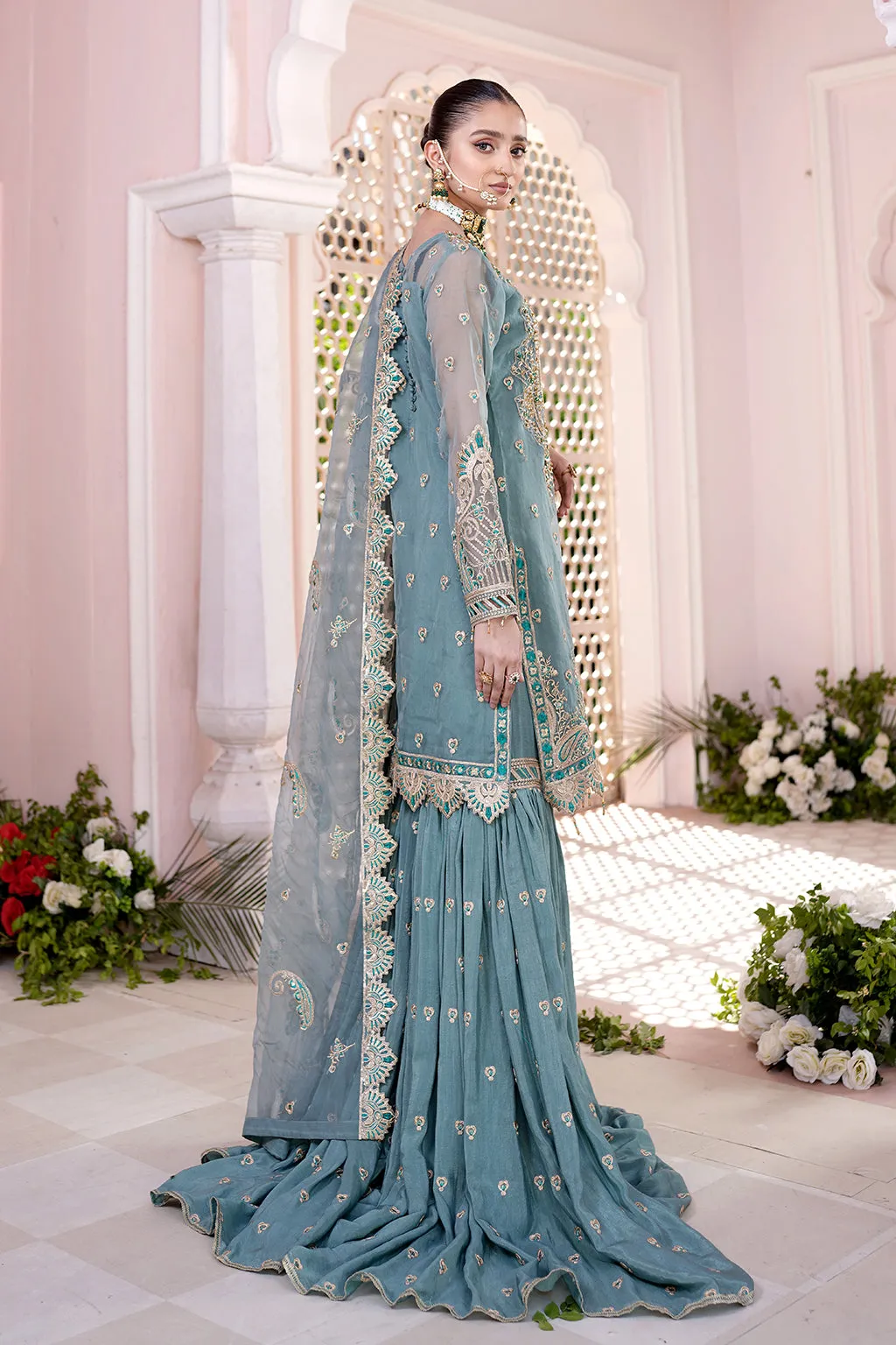 Elegant Aqua Blue Embroidered Pakistani Wedding Dress Kameez Sharara