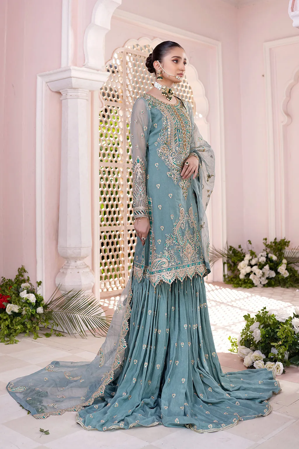Elegant Aqua Blue Embroidered Pakistani Wedding Dress Kameez Sharara