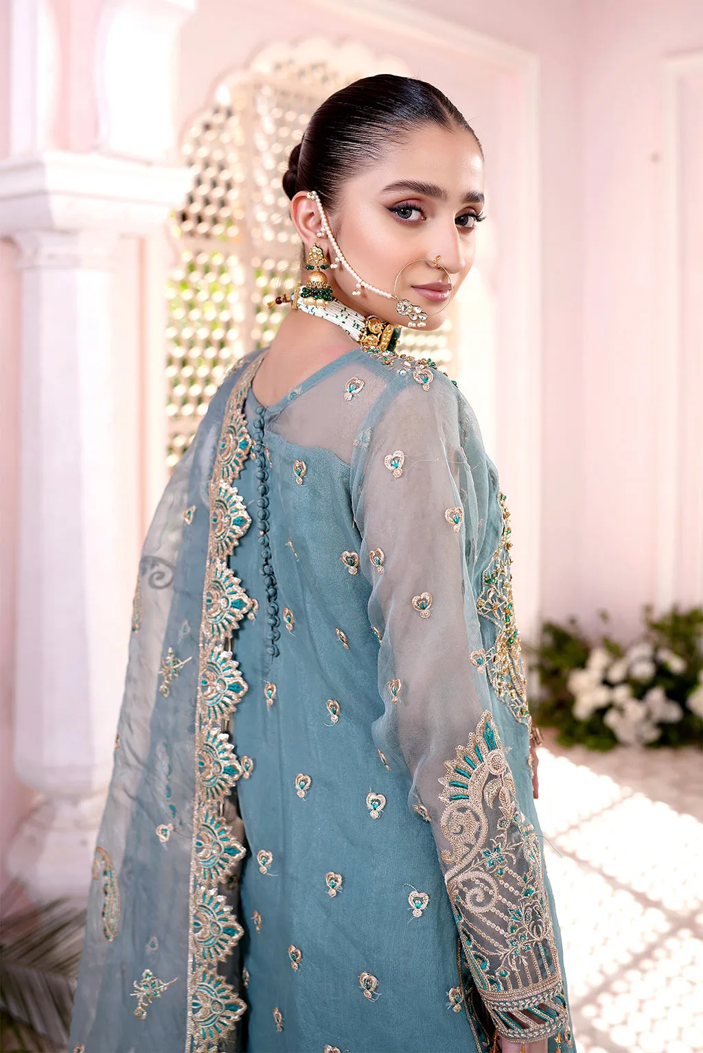 Elegant Aqua Blue Embroidered Pakistani Wedding Dress Kameez Sharara