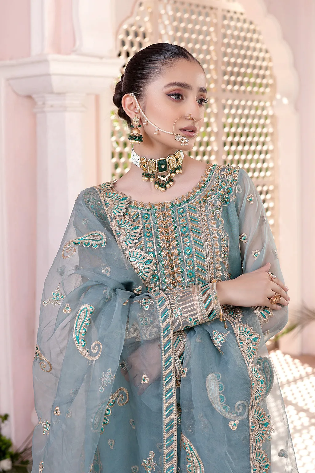 Elegant Aqua Blue Embroidered Pakistani Wedding Dress Kameez Sharara