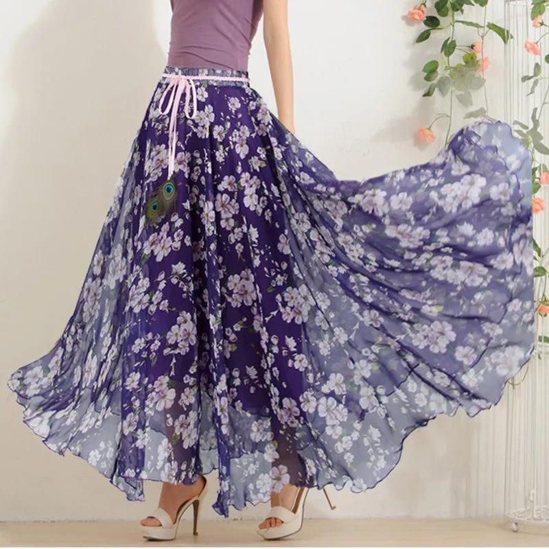 Elegant Fancy Flower Print Skirt Long Women Fashion Peacock Feather Elastic Waist Ultra-long Big Bottom Full Chiffon Skirt