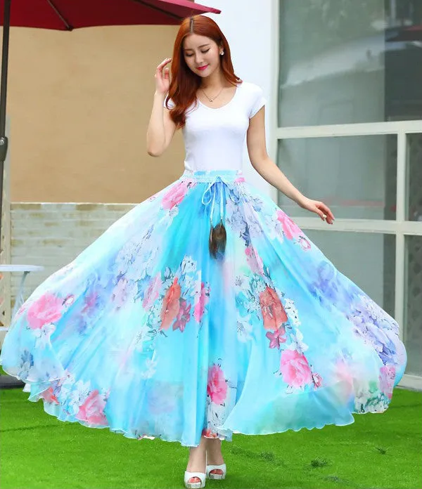 Elegant Fancy Flower Print Skirt Long Women Fashion Peacock Feather Elastic Waist Ultra-long Big Bottom Full Chiffon Skirt