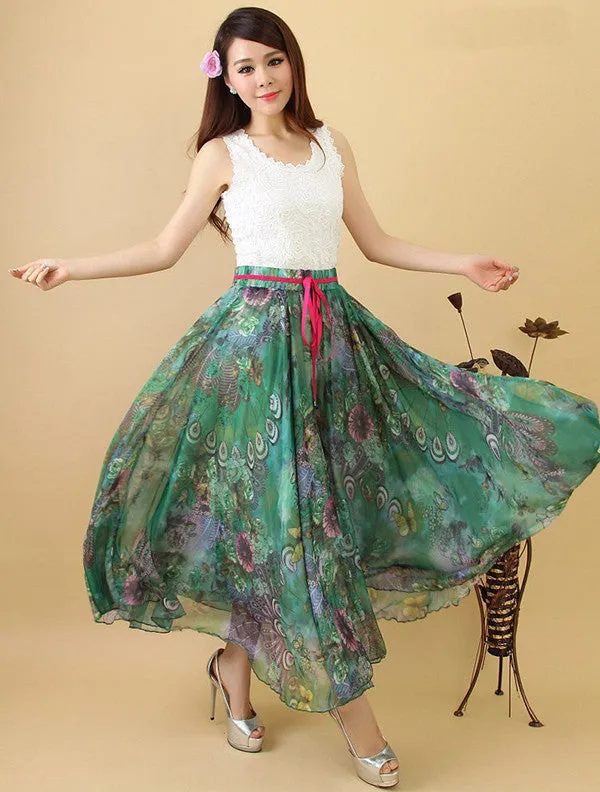 Elegant Fancy Flower Print Skirt Long Women Fashion Peacock Feather Elastic Waist Ultra-long Big Bottom Full Chiffon Skirt