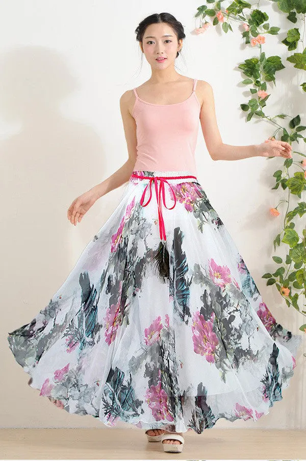 Elegant Fancy Flower Print Skirt Long Women Fashion Peacock Feather Elastic Waist Ultra-long Big Bottom Full Chiffon Skirt