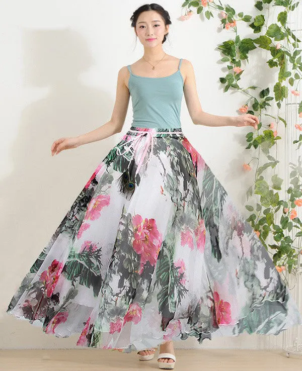 Elegant Fancy Flower Print Skirt Long Women Fashion Peacock Feather Elastic Waist Ultra-long Big Bottom Full Chiffon Skirt