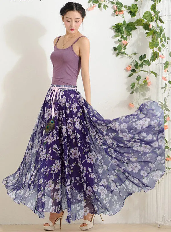 Elegant Fancy Flower Print Skirt Long Women Fashion Peacock Feather Elastic Waist Ultra-long Big Bottom Full Chiffon Skirt
